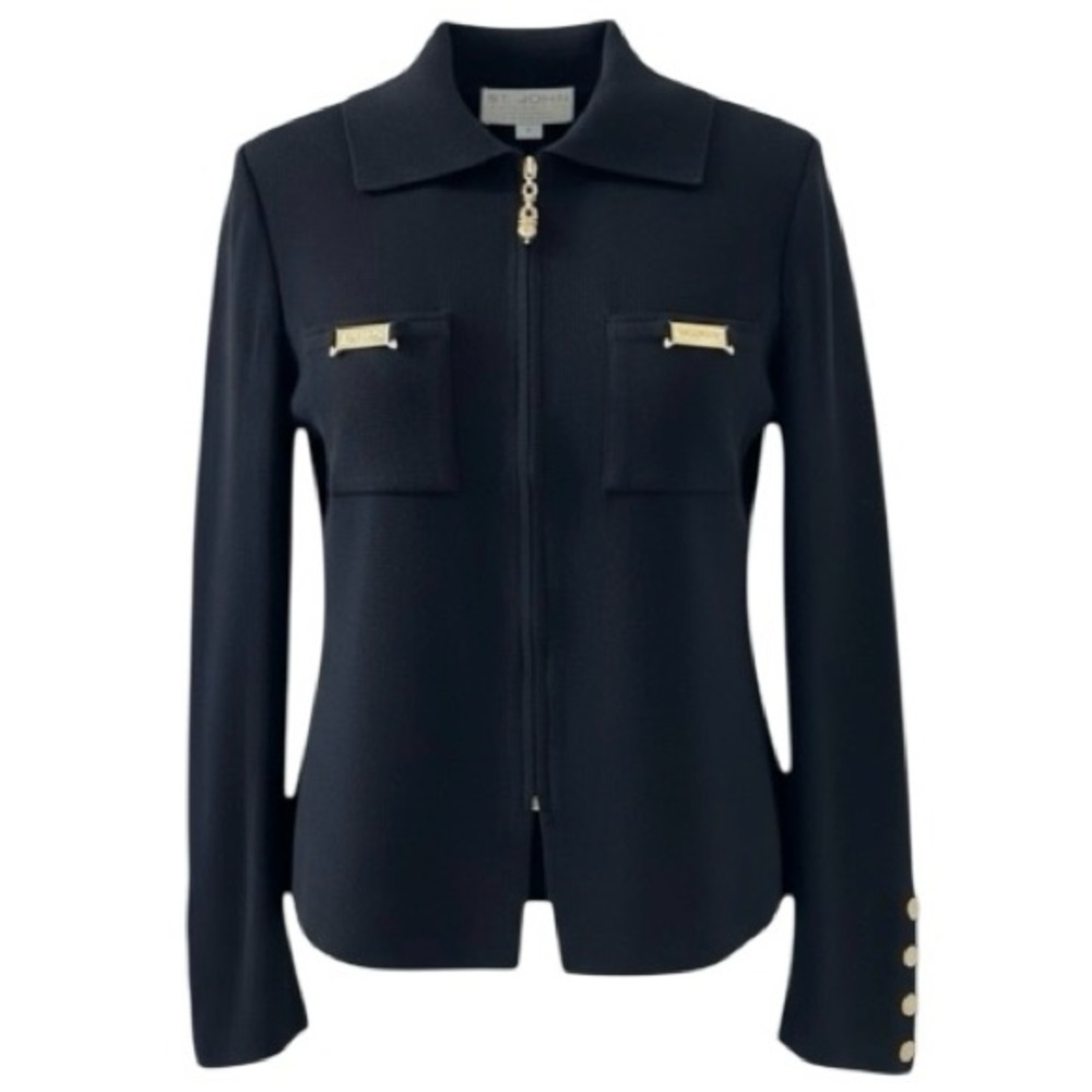 St. John Black Front Zip Knit Jacket with Goldtone Logo Hardware Size 2